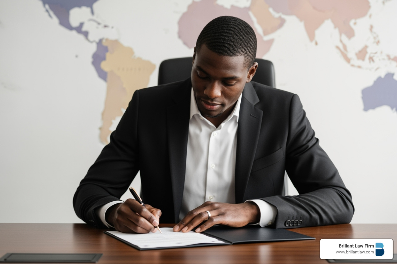 person confidently signing document with world map in background - international tax lawyer near me person confidently signing document with world map in background - international tax lawyer near me