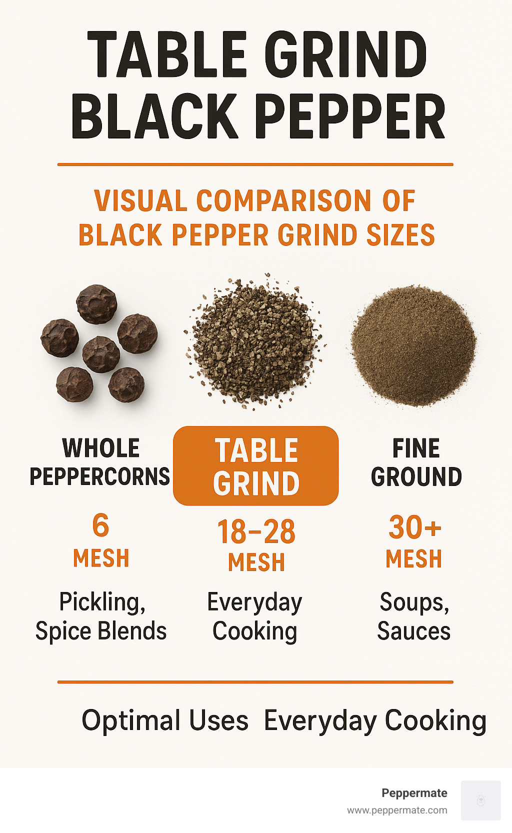 Infographic showing the visual comparison of black pepper grind sizes from whole peppercorns (6 mesh) to fine ground (30+ mesh), with table grind (18-28 mesh) highlighted in the middle, demonstrating particle size differences and optimal uses for each grind type - what is table grind black pepper infographic 