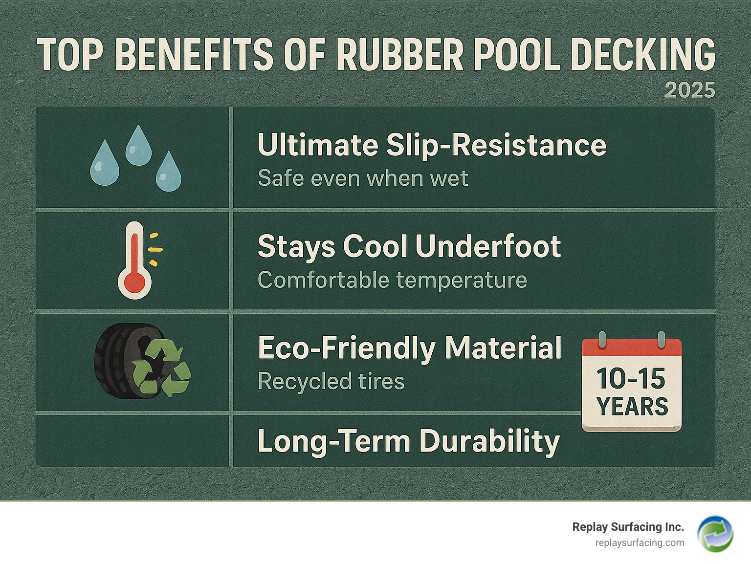 Infographic showing the top 4 benefits of rubber pool decking: Ultimate Slip-Resistance with water droplets on textured surface, Stays Cool Underfoot with thermometer showing comfortable temperature, Eco-Friendly Material with recycling symbol and tire graphic, and Long-Term Durability with calendar showing 10-15 year lifespan - rubber decking around pool infographic 