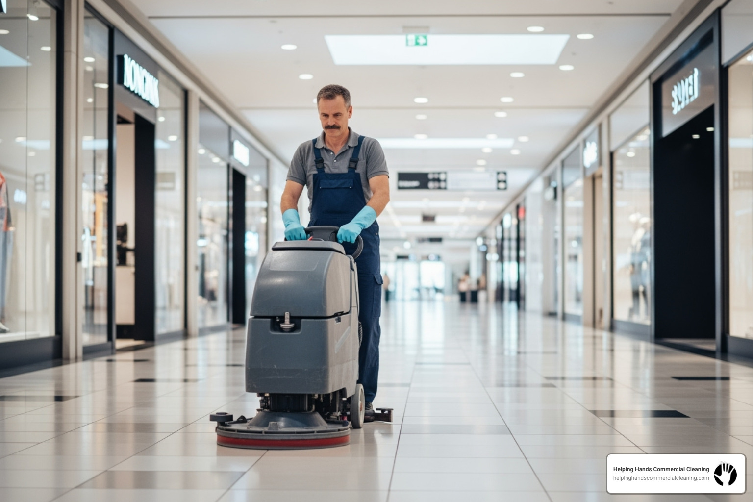 cleaning professional using floor scrubber in shopping mall corridor - shopping centre cleaning