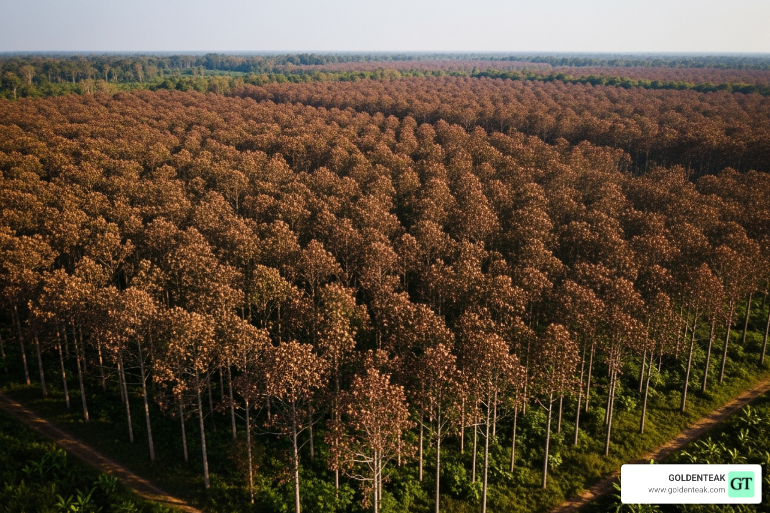 Sustainably managed teak plantation with organized rows of mature teak trees - Buy teak garden furniture Sustainably managed teak plantation with organized rows of mature teak trees - Buy teak garden furniture