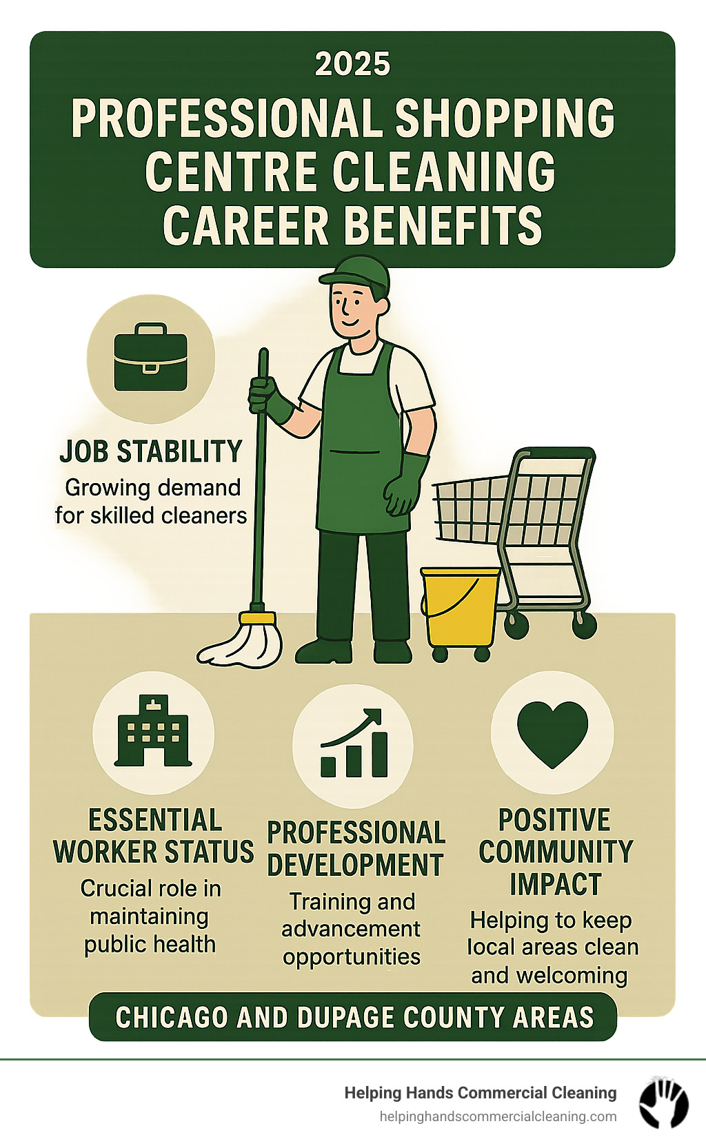 Professional shopping centre cleaning career benefits including job stability, essential worker status, professional development opportunities, and positive community impact in the Chicago and DuPage County areas - shopping centre cleaning infographic 