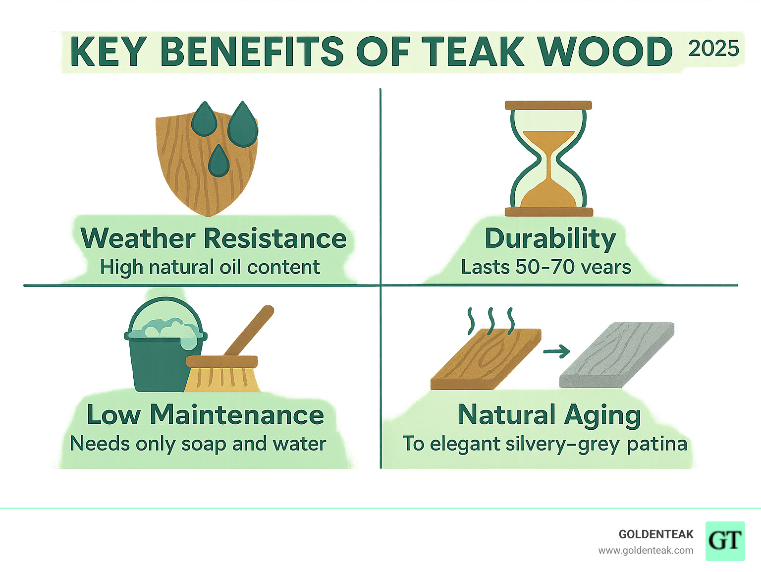 Infographic showing teak wood benefits: high natural oil content providing weather resistance, pest resistance, and rot resistance; durability lasting 50-70 years; low maintenance requiring only soap and water cleaning; and natural aging process to neat silvery-grey patina - Buy teak garden furniture infographic Infographic showing teak wood benefits: high natural oil content providing weather resistance, pest resistance, and rot resistance; durability lasting 50-70 years; low maintenance requiring only soap and water cleaning; and natural aging process to neat silvery-grey patina - Buy teak garden furniture infographic