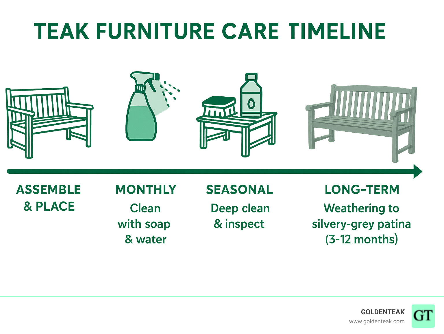 Infographic showing teak furniture care timeline: immediate assembly and placement, monthly cleaning with soap and water, seasonal deep cleaning and inspection, annual optional oil treatment, and long-term weathering to silvery-grey patina over 3-12 months - Buy teak garden furniture infographic Infographic showing teak furniture care timeline: immediate assembly and placement, monthly cleaning with soap and water, seasonal deep cleaning and inspection, annual optional oil treatment, and long-term weathering to silvery-grey patina over 3-12 months - Buy teak garden furniture infographic