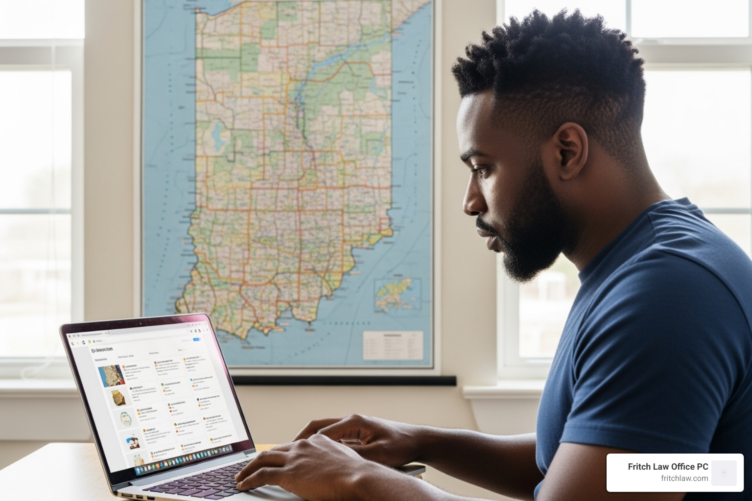 A person searching on a laptop with a map of Indiana in the background - Divorce attorney near me
