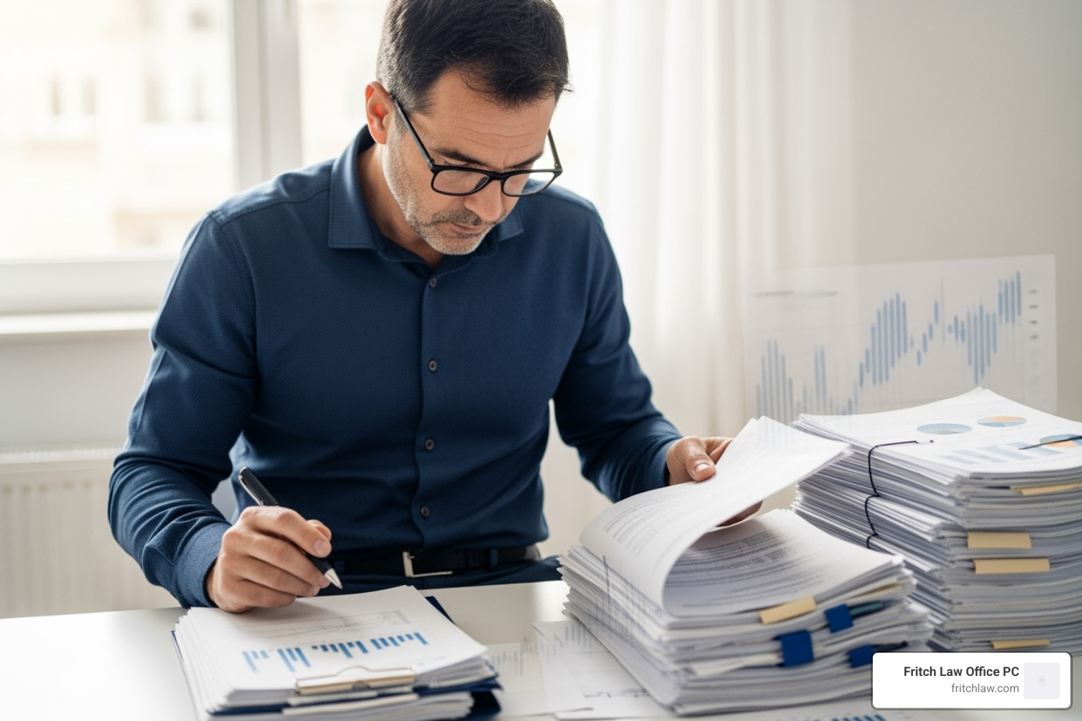 A person organizing a stack of financial documents at a desk - Divorce attorney near me