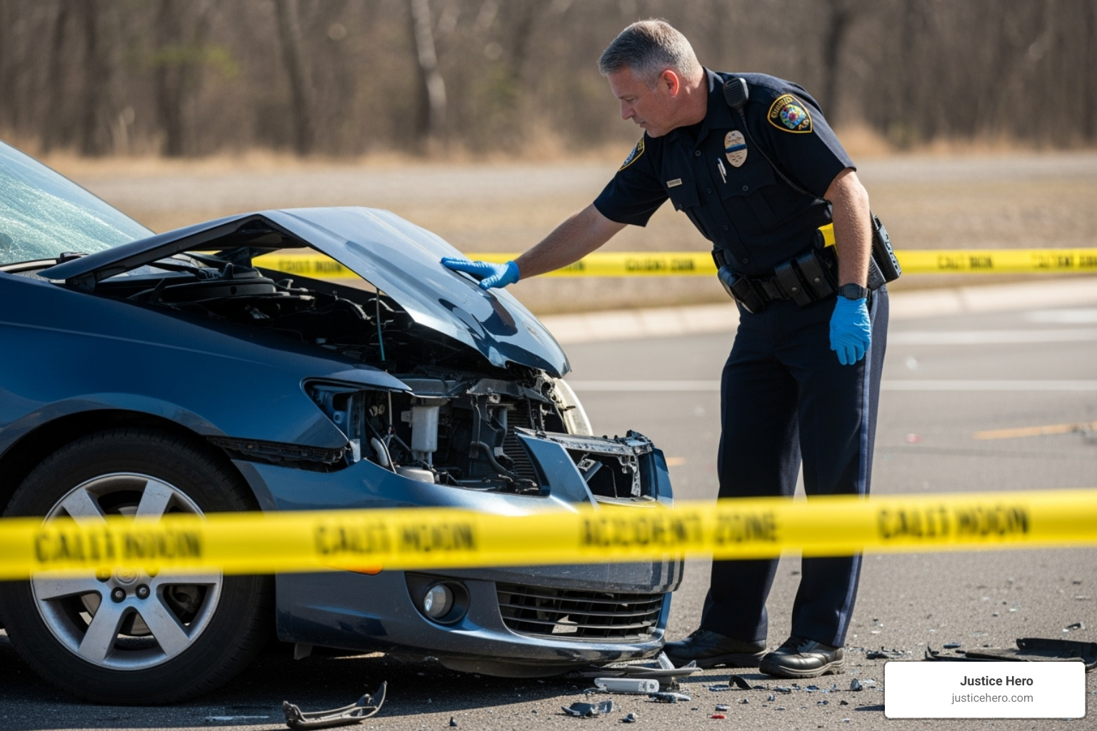 accident scene investigation with investigator examining evidence - personal injury litigation