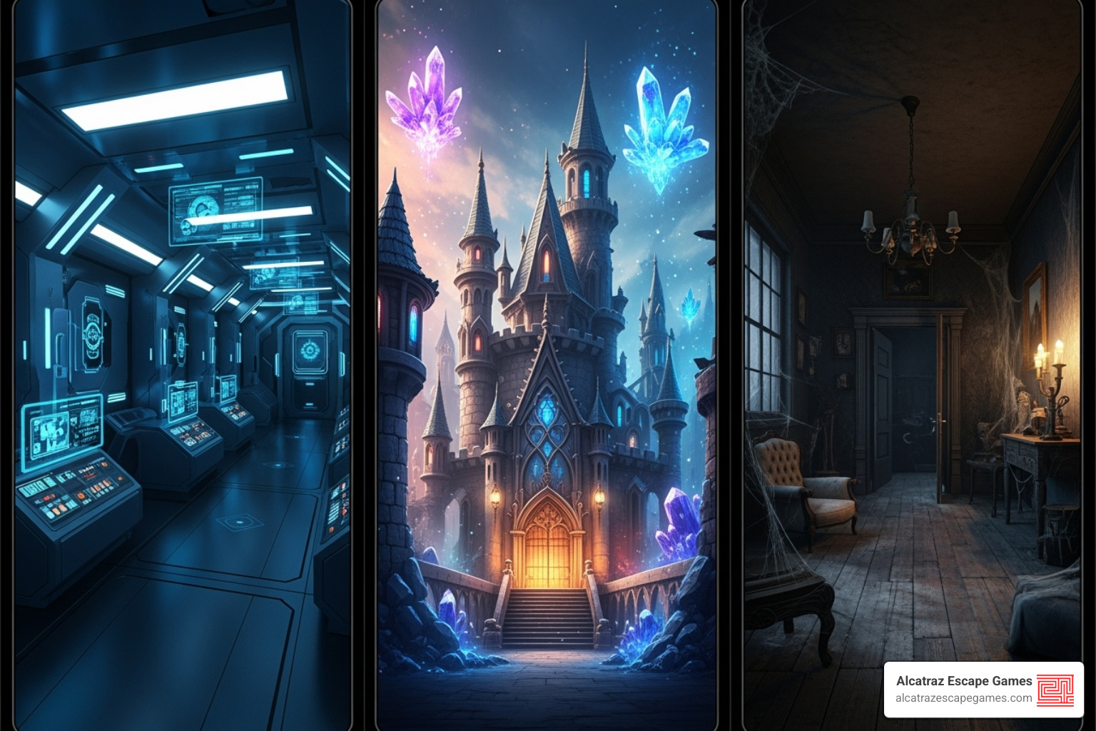 Collage showcasing different VR escape room themes including a futuristic spaceship interior, a magical fantasy castle with floating crystals, and a spooky Victorian mansion - escape virtual reality