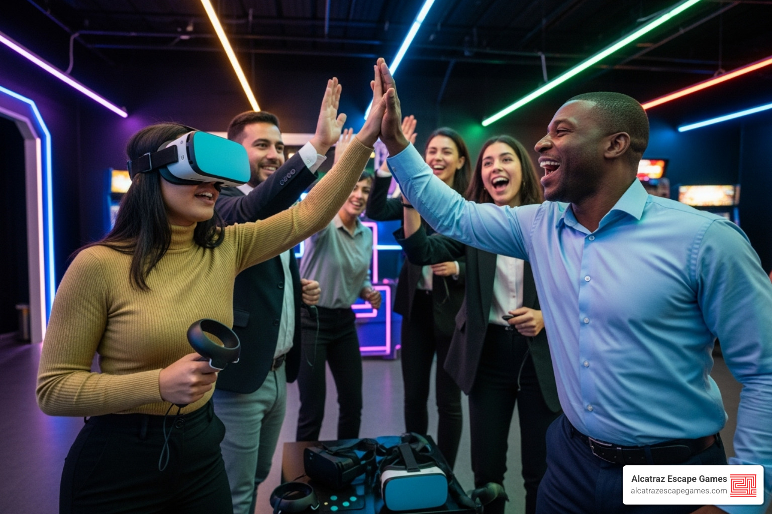 Corporate team celebrating and high-fiving after successfully completing a VR escape room challenge together - escape virtual reality