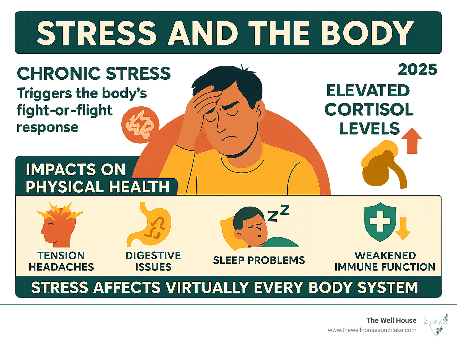 Infographic showing the body's stress response system, including how chronic stress triggers fight-or-flight responses, lifts cortisol levels, and impacts physical health through symptoms like tension headaches, digestive issues, sleep problems, and weakened immune function, alongside statistics showing stress affects virtually every body system - stress therapy Southlake infographic 
