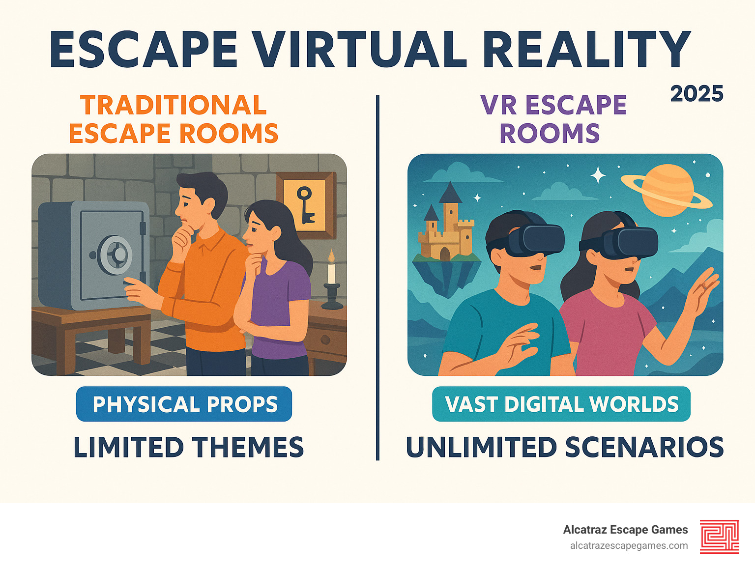 Infographic comparing traditional escape rooms with physical props and limited themes versus VR escape rooms showing players in empty spaces with headsets experiencing vast digital worlds with unlimited scenarios - escape virtual reality infographic 