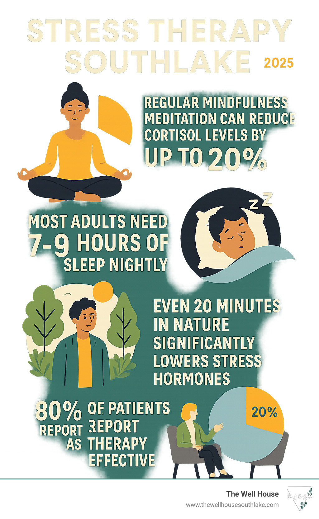 Statistics showing that regular mindfulness meditation can reduce cortisol levels by up to 20%, most adults need 7-9 hours of sleep nightly, and even 20 minutes in nature significantly lowers stress hormones, alongside data on therapy effectiveness and duration - stress therapy Southlake infographic 