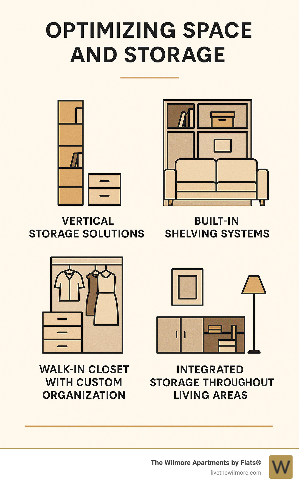Infographic showing space optimization strategies: vertical storage solutions, built-in shelving systems, walk-in closets with custom organization, and integrated storage throughout living areas - 2 bedroom luxury apartment floor plans infographic 