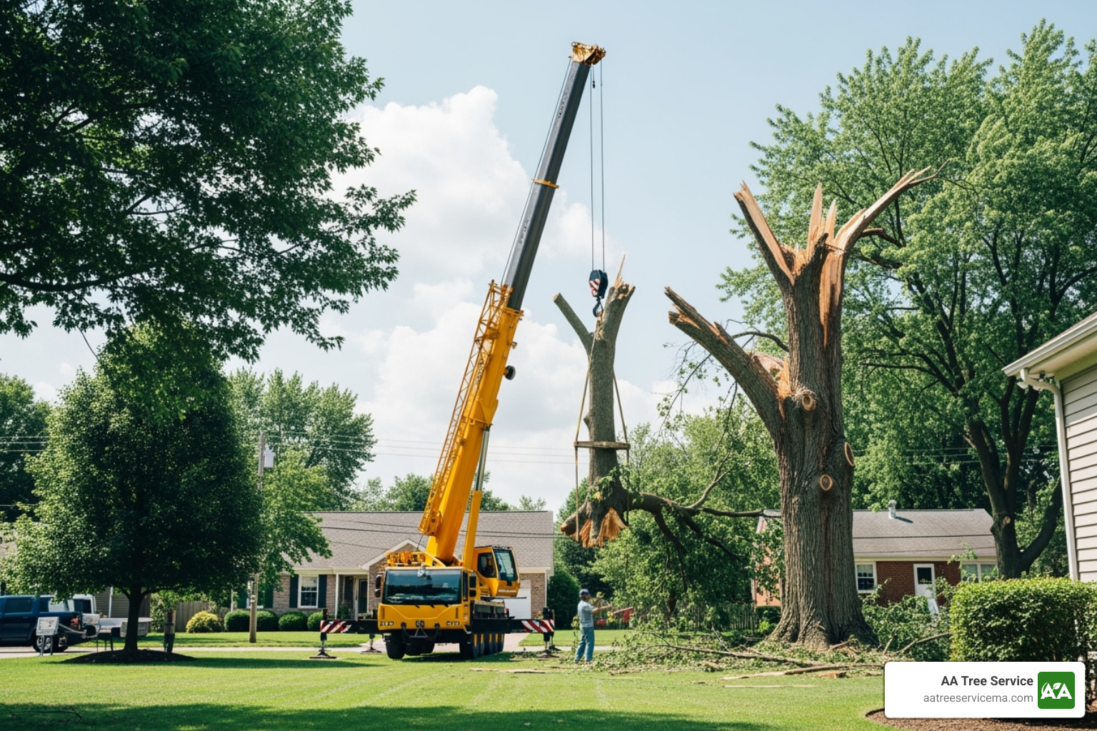 professional tree service crew using crane to remove large tree - tree damage cleanup