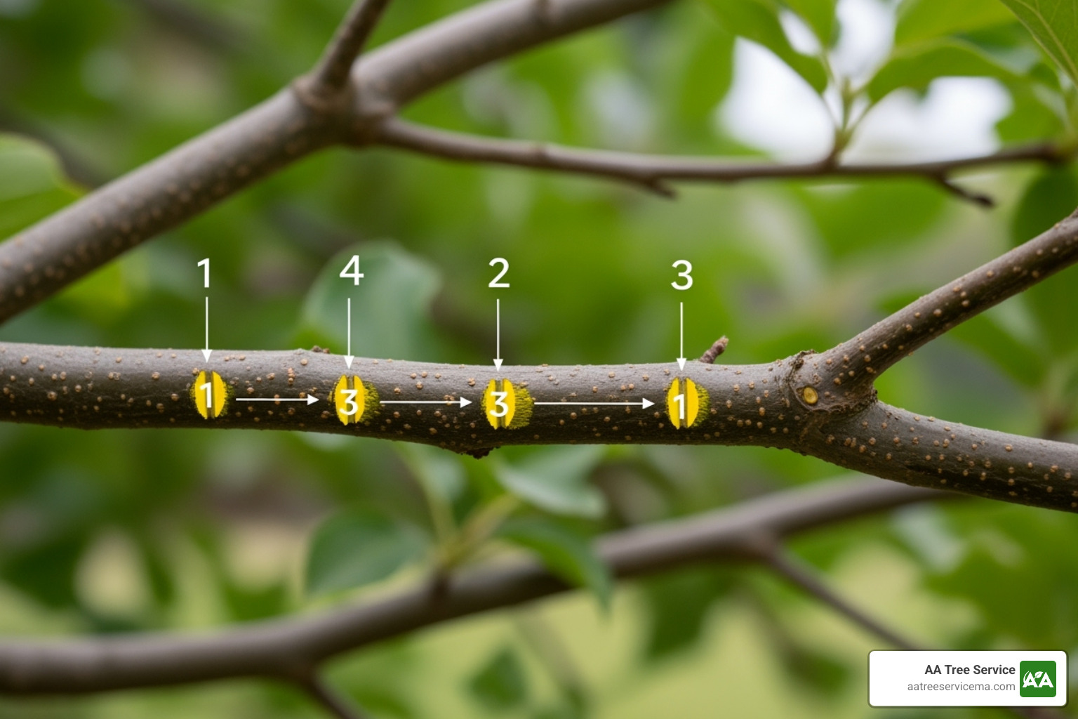 three-cut pruning method demonstration on tree branch - tree damage cleanup