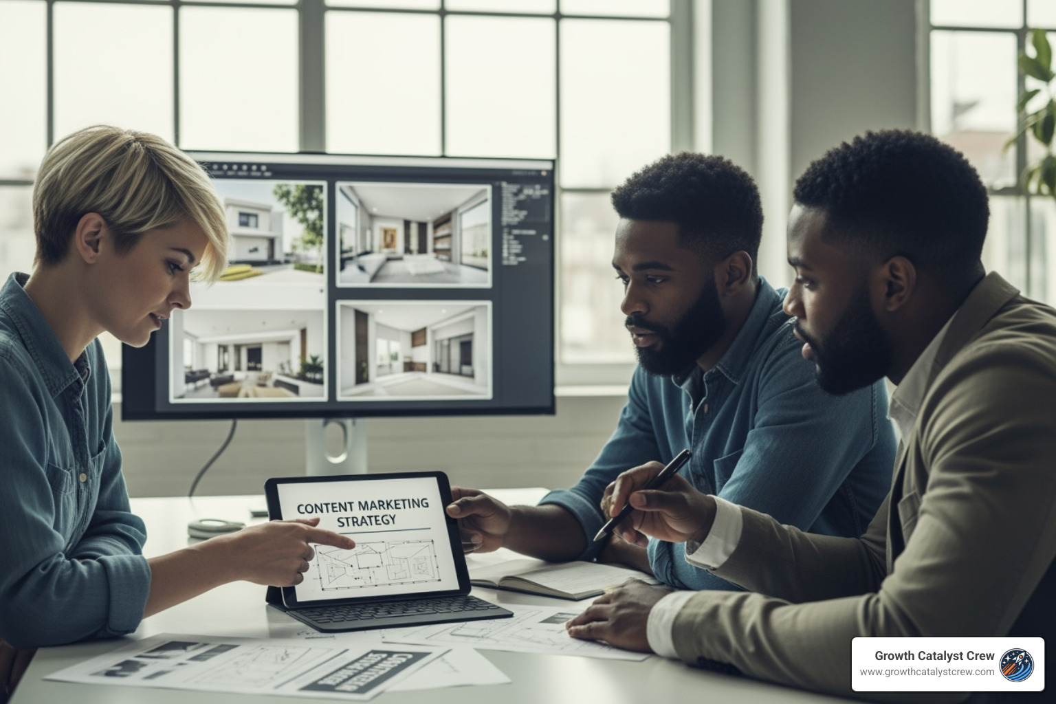 collage showing different content types: blog post snippet, video thumbnail, and case study cover - content marketing for architects