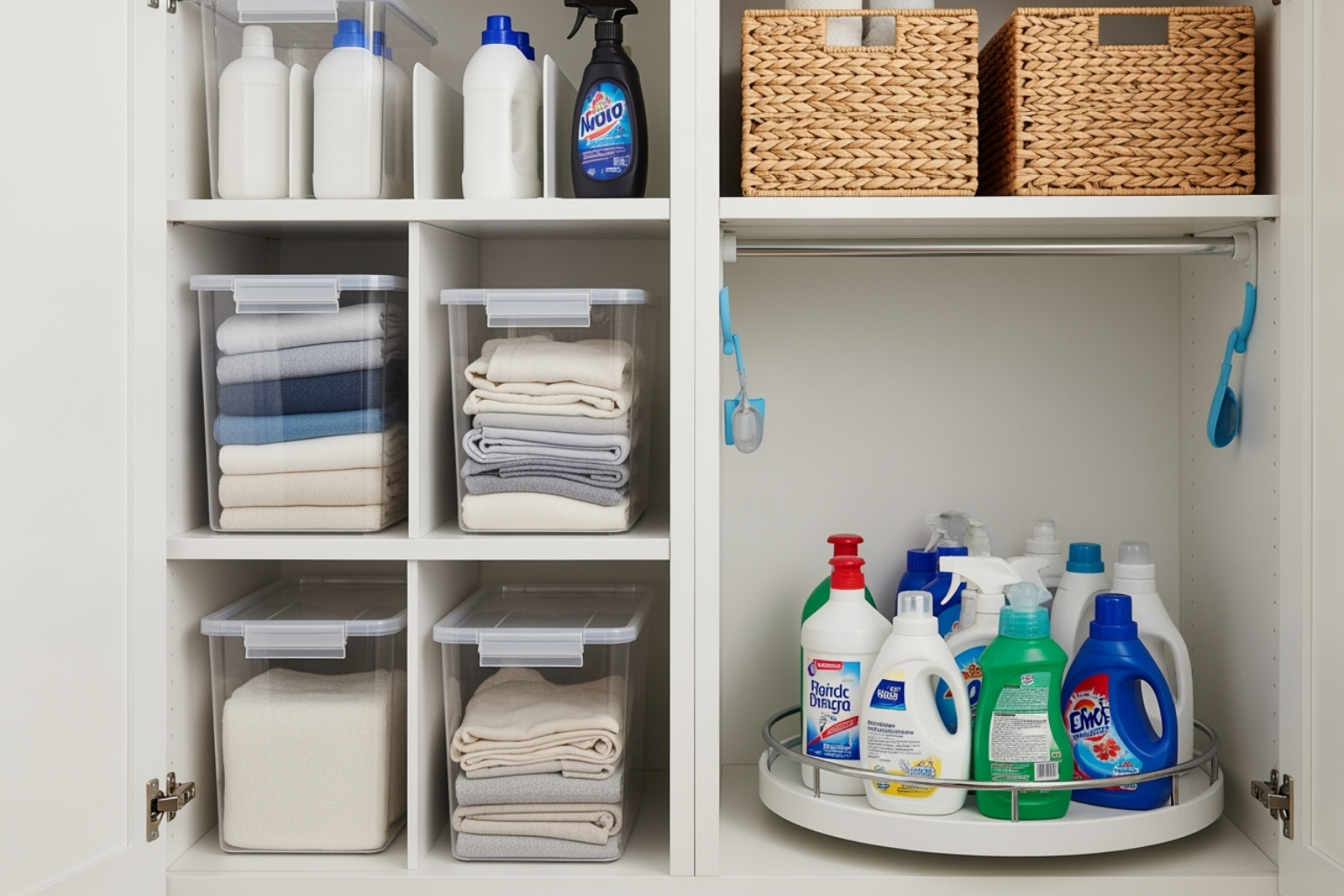 Various organisational tools like clear bins, woven baskets, and turntables inside a cabinet - organize laundry cabinets