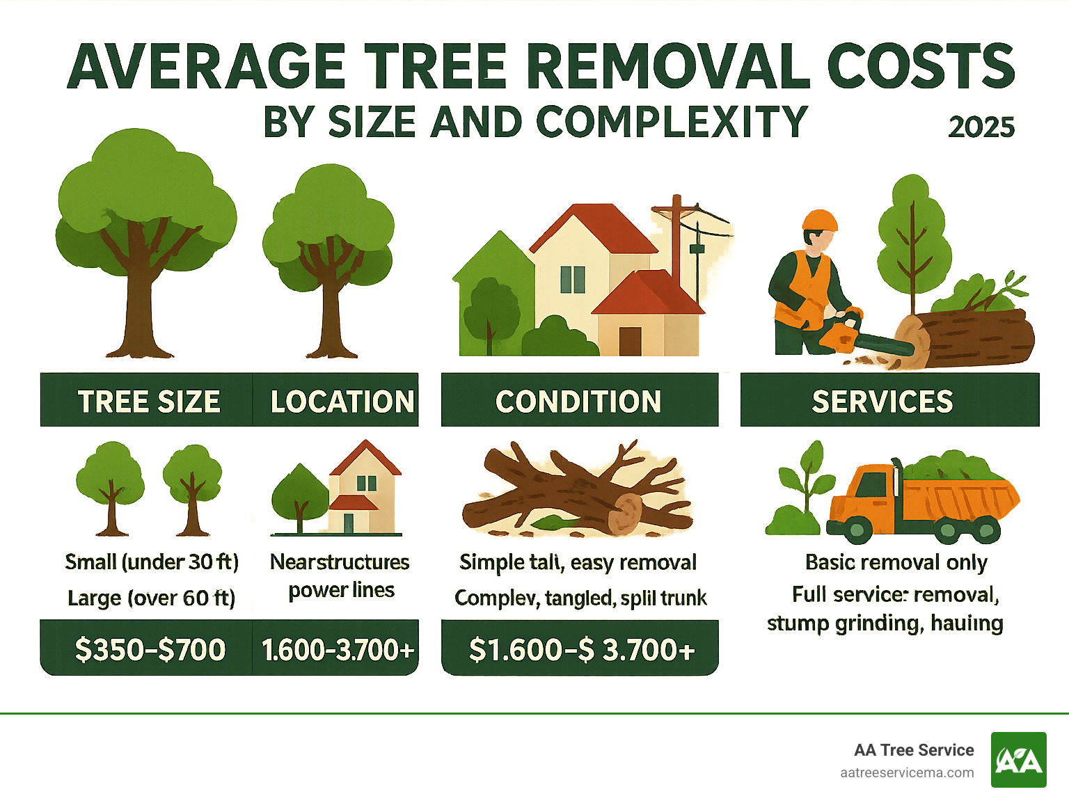 Infographic showing average tree removal costs by size and complexity - tree damage cleanup infographic 