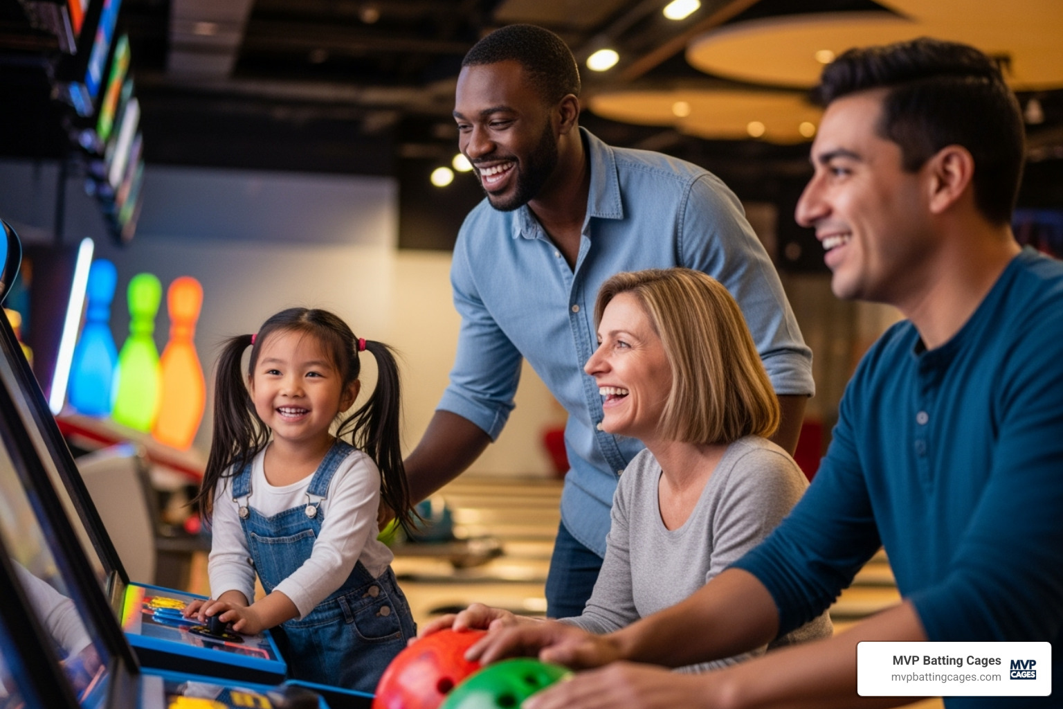 family enjoying a sports entertainment center with bowling and arcade games - indoor sports facilities near me