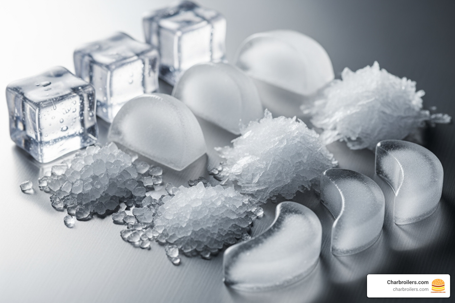 Close-up display of different ice cube types arranged on a stainless steel surface: full cubes, half cubes, nugget ice, flake ice, and crescent cubes, each labeled with their specific characteristics - commercial ice makers Close-up display of different ice cube types arranged on a stainless steel surface: full cubes, half cubes, nugget ice, flake ice, and crescent cubes, each labeled with their specific characteristics - commercial ice makers