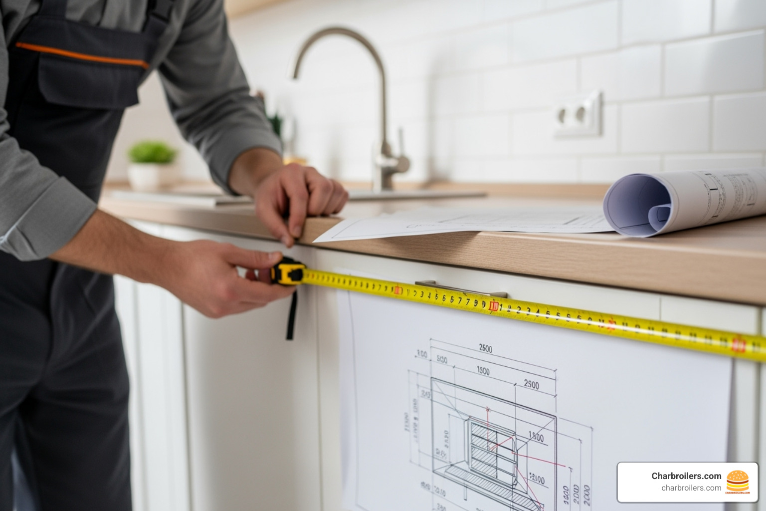Professional measuring the dimensions of a kitchen space for an undercounter ice maker installation, with measuring tape and installation guidelines visible - commercial ice makers Professional measuring the dimensions of a kitchen space for an undercounter ice maker installation, with measuring tape and installation guidelines visible - commercial ice makers