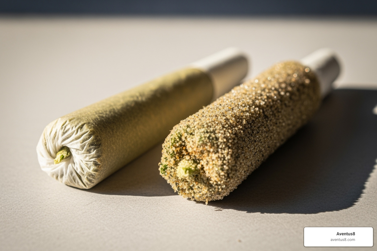 Classic pre-roll next to a kief-dusted infused pre-roll - Buy pre-rolled joints