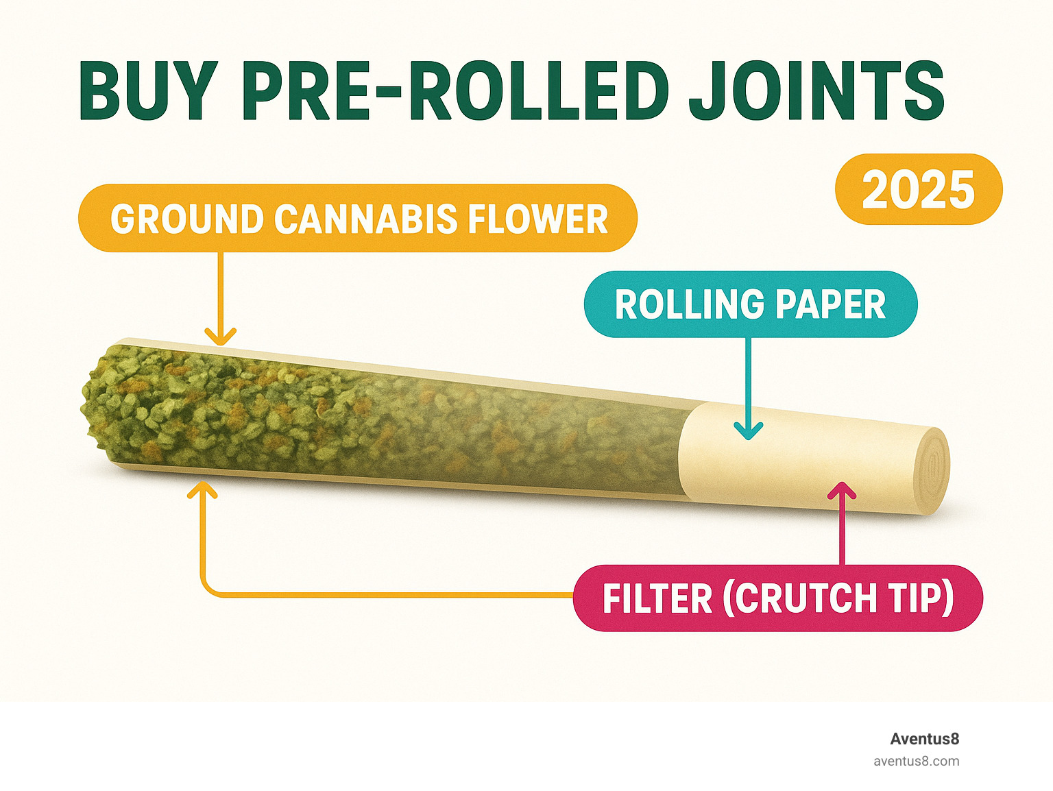 Infographic showing the anatomy of a pre-rolled joint with labeled components: ground cannabis flower filling, rolling paper wrapper, and filter or crutch tip for smooth smoking - Buy pre-rolled joints infographic 