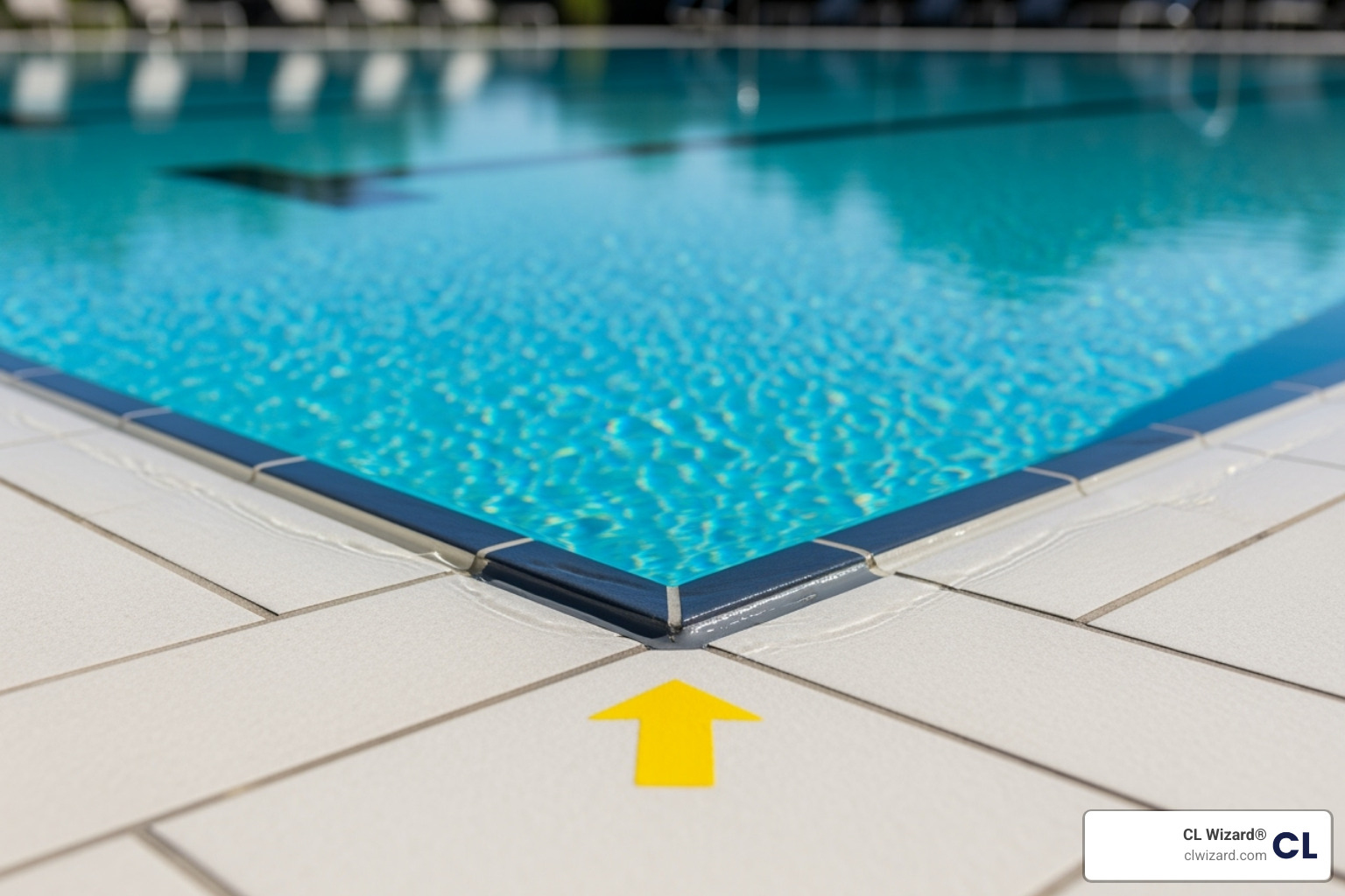pristine commercial swimming pool with arrow pointing to perfectly sealed expansion joint - expansion joint waterproofing