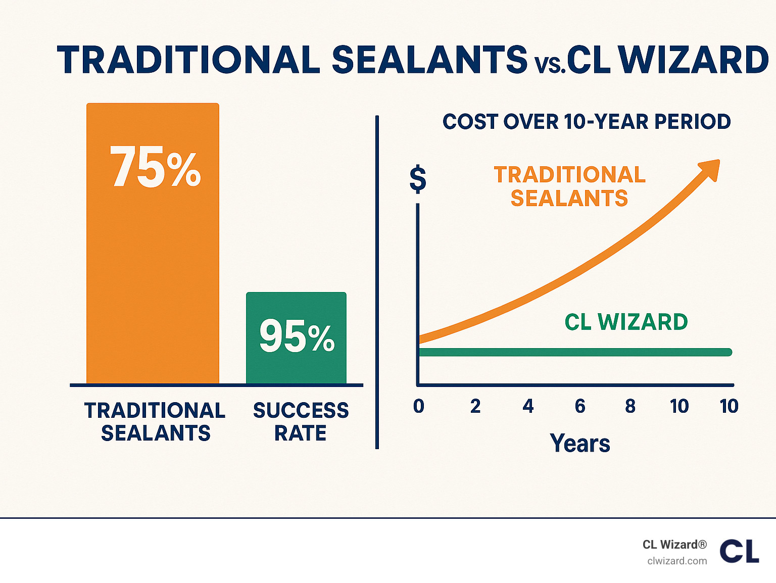 Statistical comparison showing traditional sealant failure rates vs CL Wizard success rates, with cost analysis over 10-year period - expansion joint waterproofing infographic 