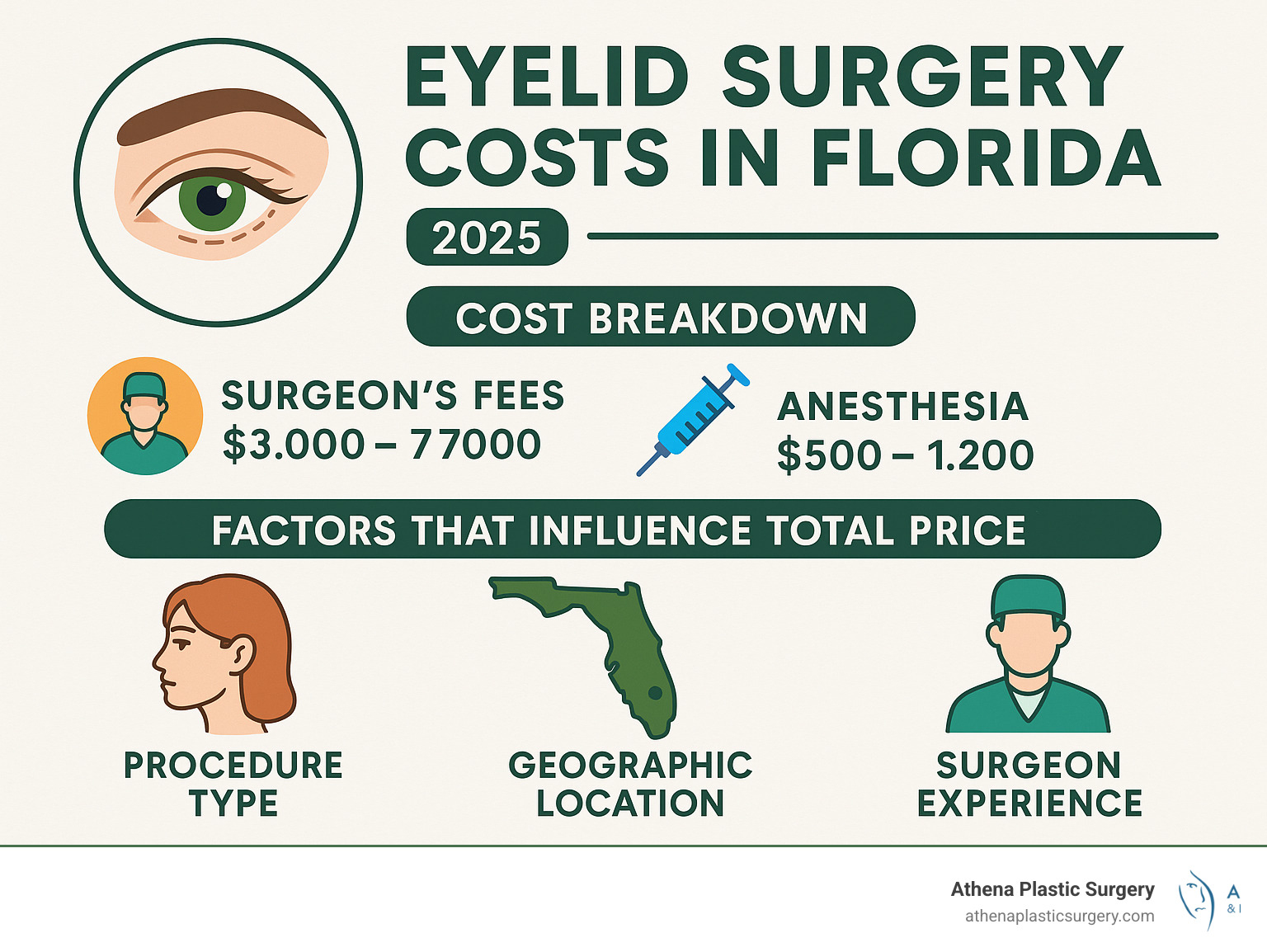 Infographic showing breakdown of eyelid surgery costs in Florida including surgeon fees, anesthesia costs, facility fees, and factors that influence total price such as procedure type, geographic location, and surgeon experience - eyelid surgery cost Florida infographic Infographic showing breakdown of eyelid surgery costs in Florida including surgeon fees, anesthesia costs, facility fees, and factors that influence total price such as procedure type, geographic location, and surgeon experience - eyelid surgery cost Florida infographic