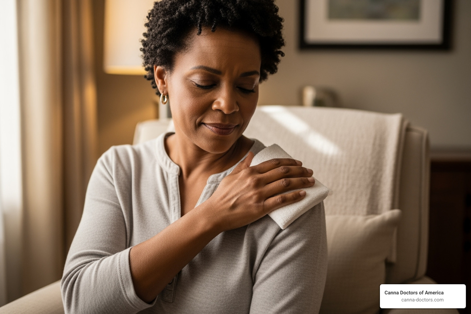 Person using a warm compress on their shoulder while sitting in a comfortable chair - fibromyalgia flare up relief