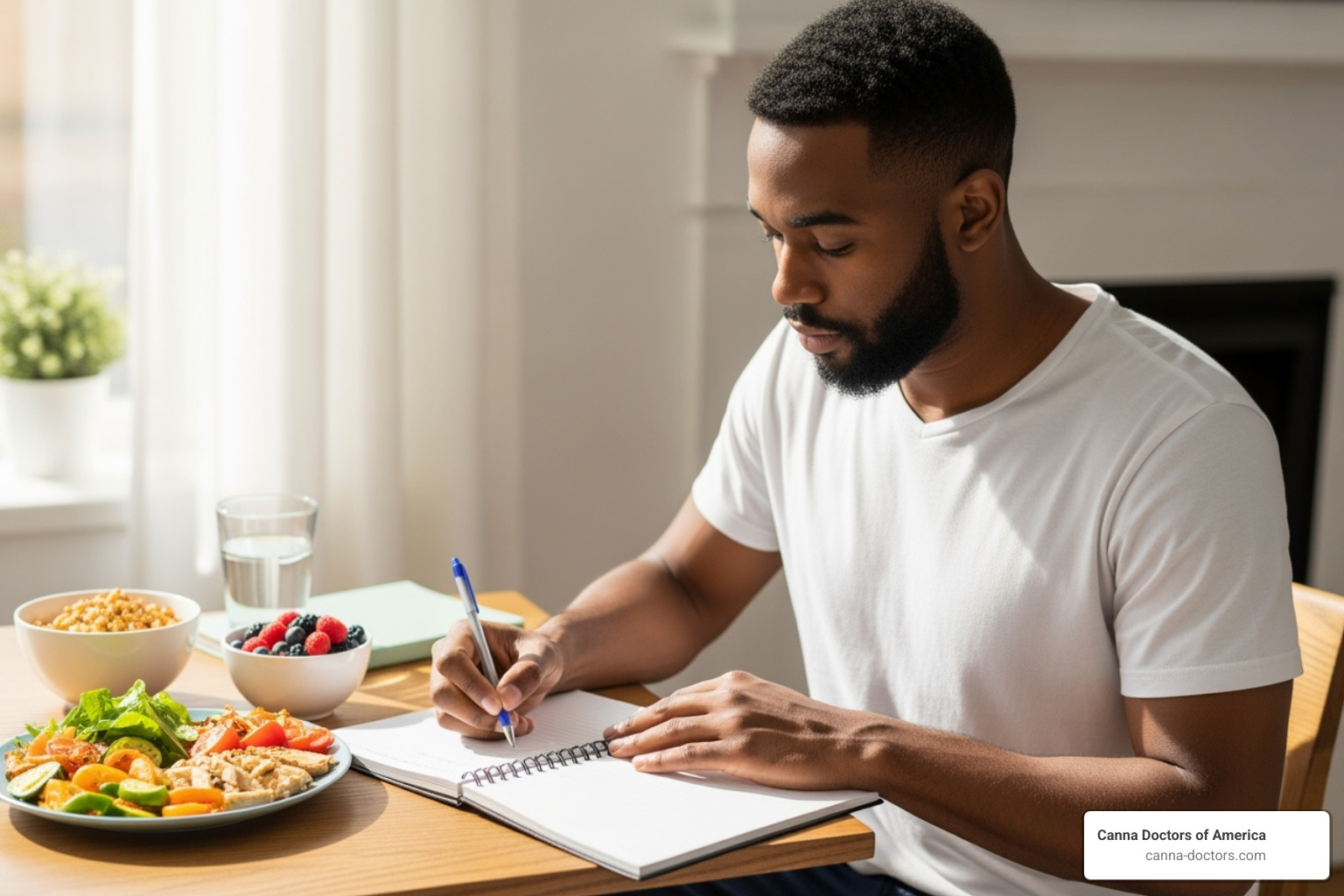 Person journaling in a notebook with a healthy meal nearby, representing proactive flare management - fibromyalgia flare up relief