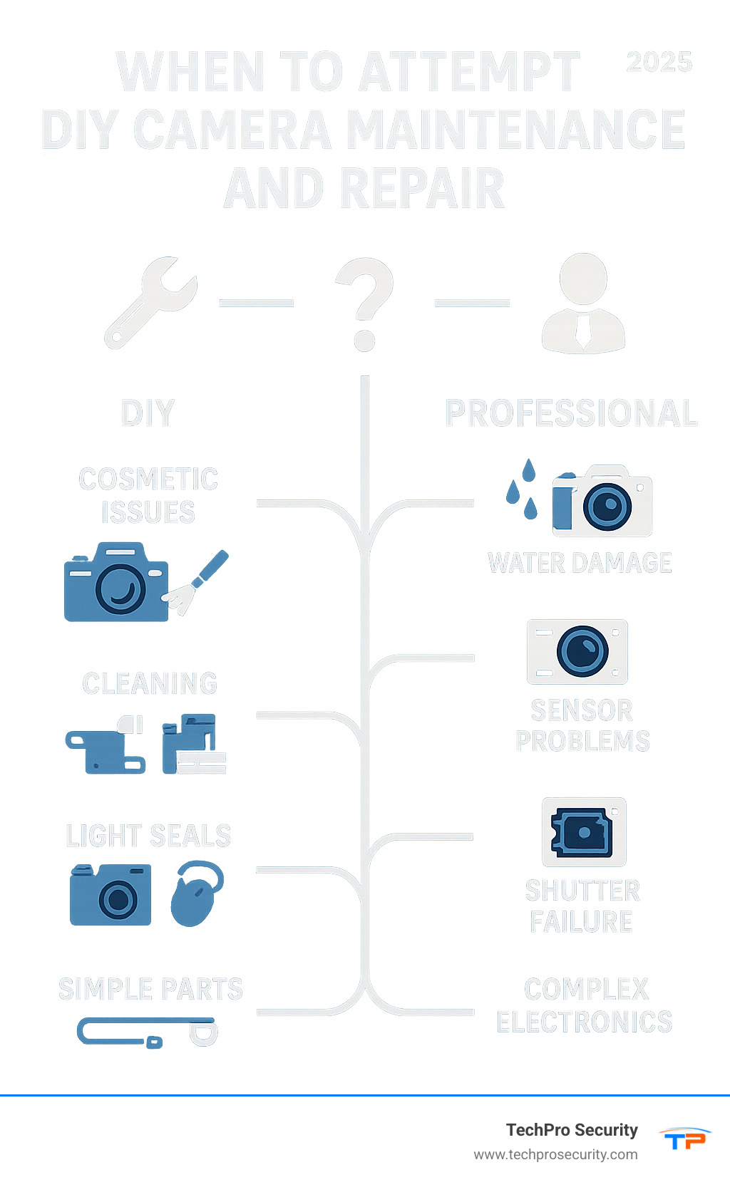 Infographic showing DIY vs Professional repair decision tree: DIY for cosmetic issues, cleaning, light seals, simple parts; Professional for water damage, sensor problems, shutter failure, complex electronics, dropped cameras - camera maintenance and repair infographic