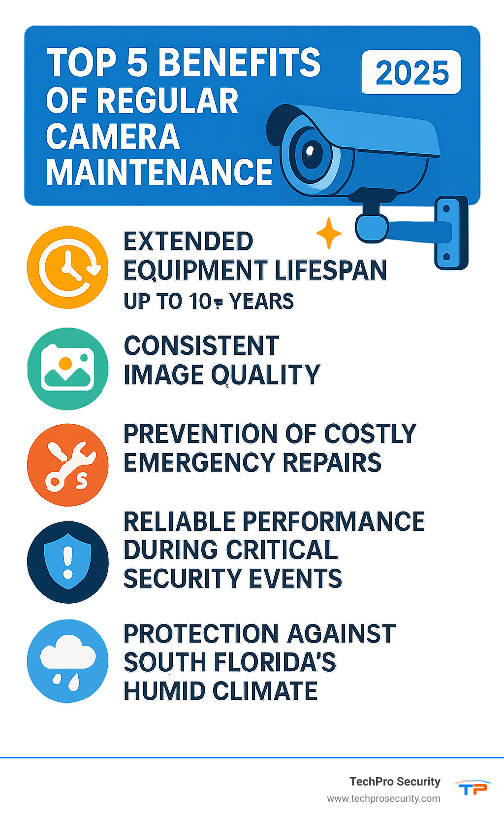 Infographic showing the top 5 benefits of regular camera maintenance: 1) Extended equipment lifespan up to 10+ years, 2) Consistent image quality and clarity, 3) Prevention of costly emergency repairs, 4) Reliable performance during critical security events, 5) Protection against South Florida's humid climate damage - camera maintenance and repair infographic