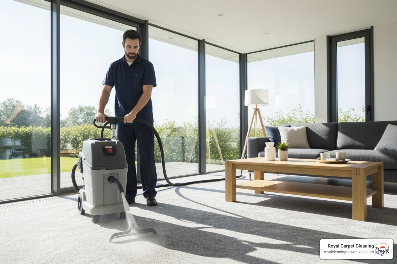 A uniformed professional using a hot water extraction machine on a carpet in a bright, modern living room - chemical free carpet cleaning