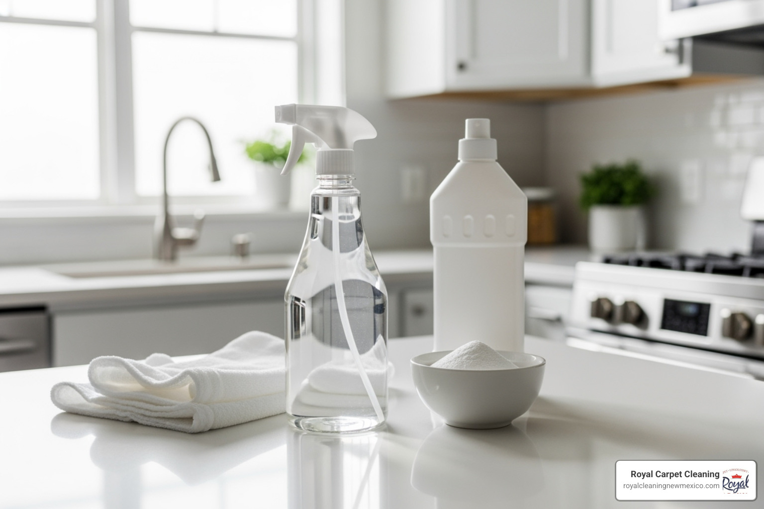 Common household ingredients like baking soda, white vinegar, and a spray bottle arranged on a clean kitchen counter - chemical free carpet cleaning