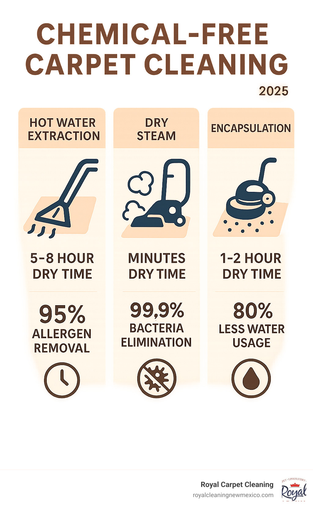 Statistical infographic showing carpet cleaning method comparison: Hot Water Extraction (5-8 hour dry time, 95% allergen removal), Dry Steam (minutes dry time, 99.9% bacteria elimination), and Encapsulation (1-2 hour dry time, 80% less water usage) - chemical free carpet cleaning infographic 