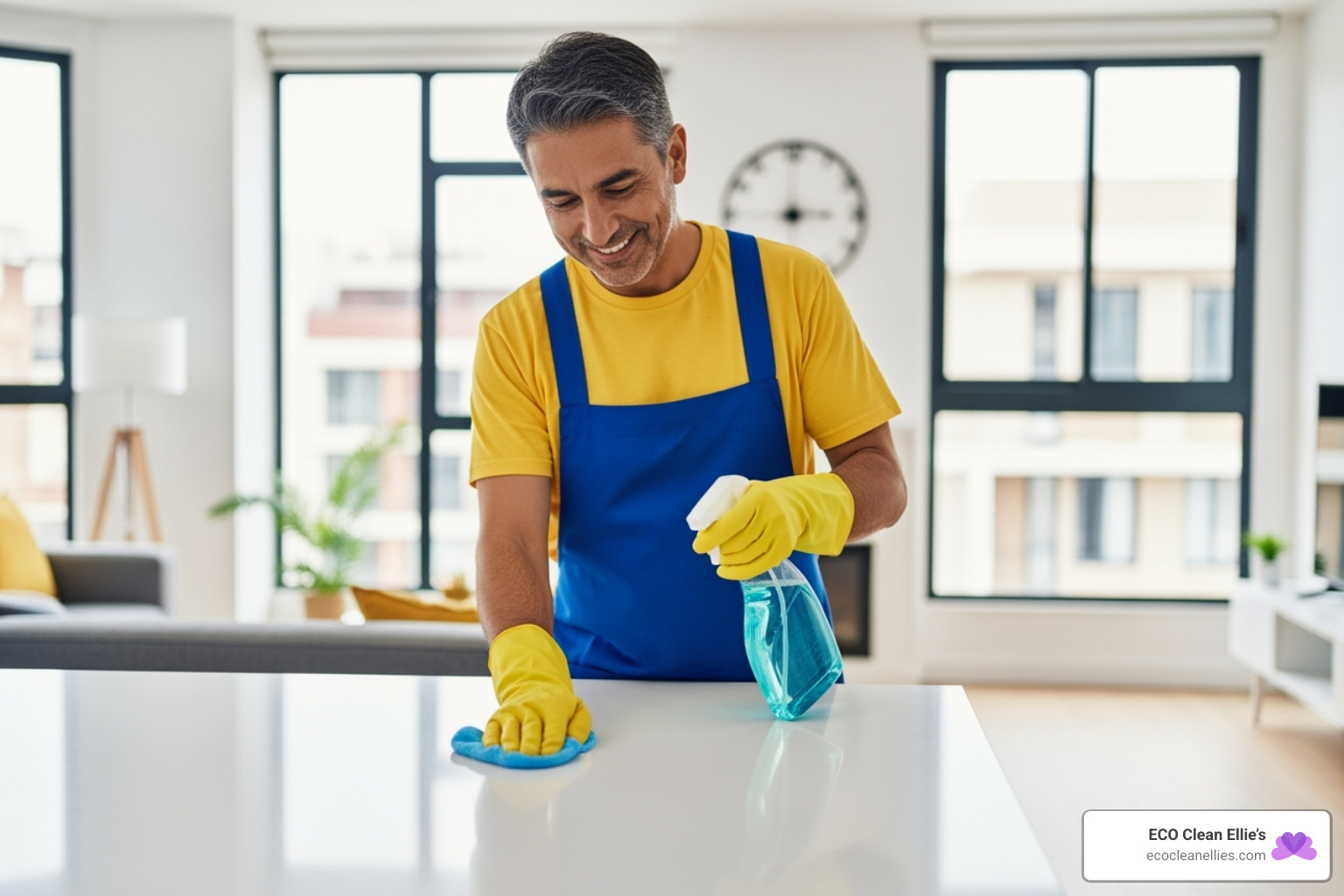 friendly, uniformed cleaner using an eco-friendly product on a countertop - apartment cleaning lawrence ks