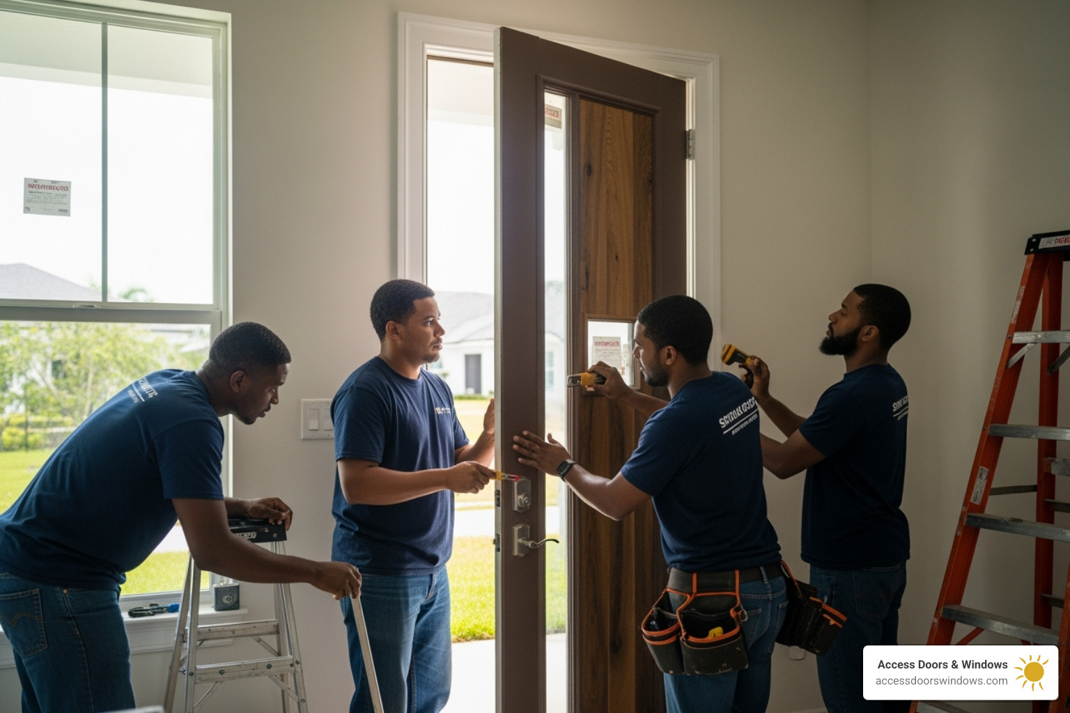 Modern impact door installation in progress, showing professional installers working on a Broward County home - impact doors broward county