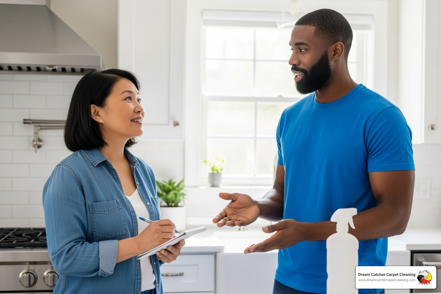 homeowner consulting with a professional cleaning technician - professional mattress cleaner