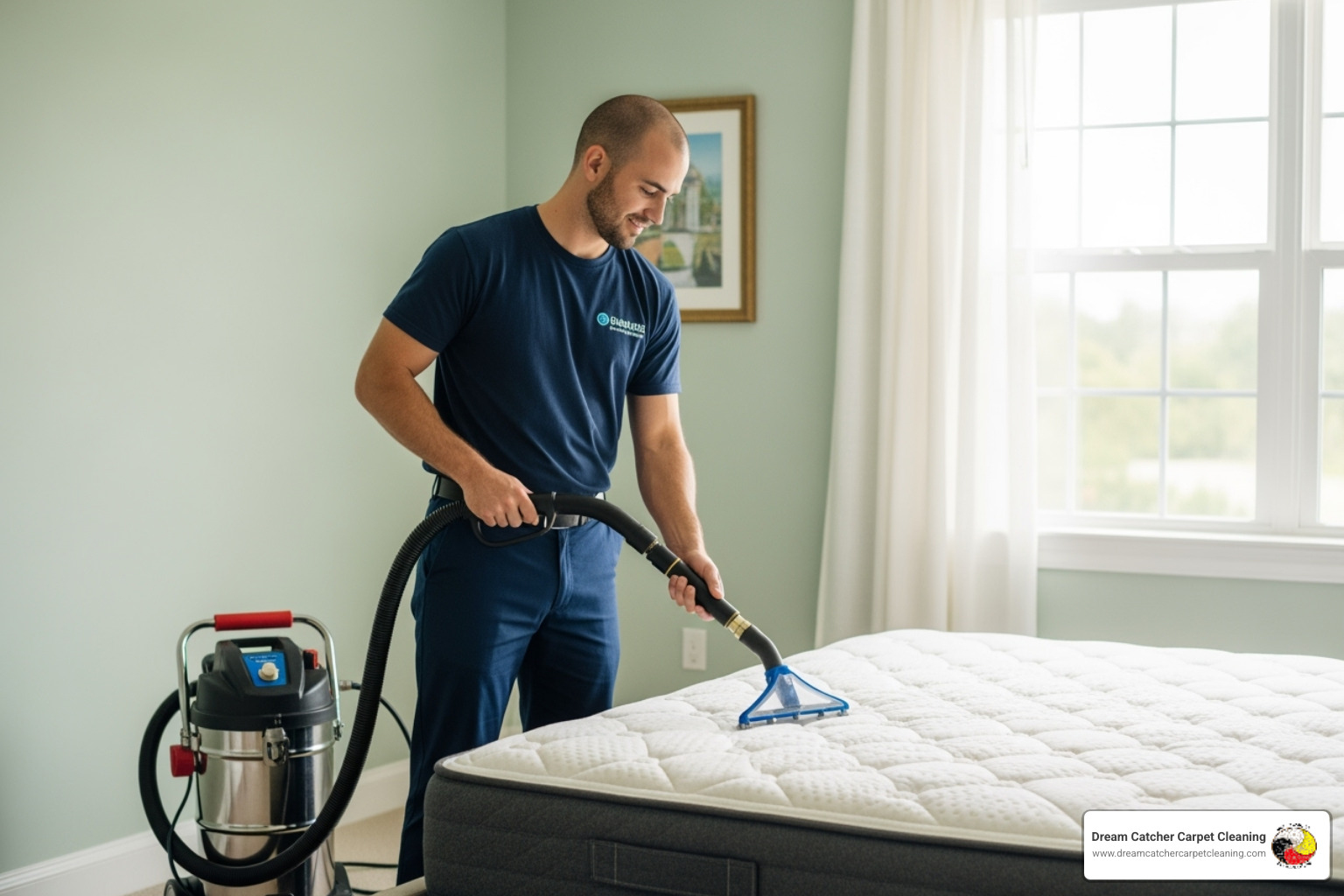 technician using hot water extraction equipment on a mattress - professional mattress cleaner