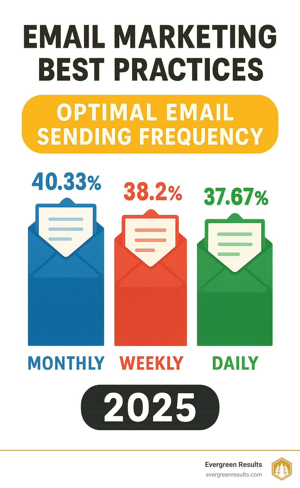 Infographic showing optimal email sending frequency: Monthly emails have 40.33% median open rate, weekly emails have 38.2% median open rate, and daily emails have 37.67% median open rate - email marketing best practices infographic 