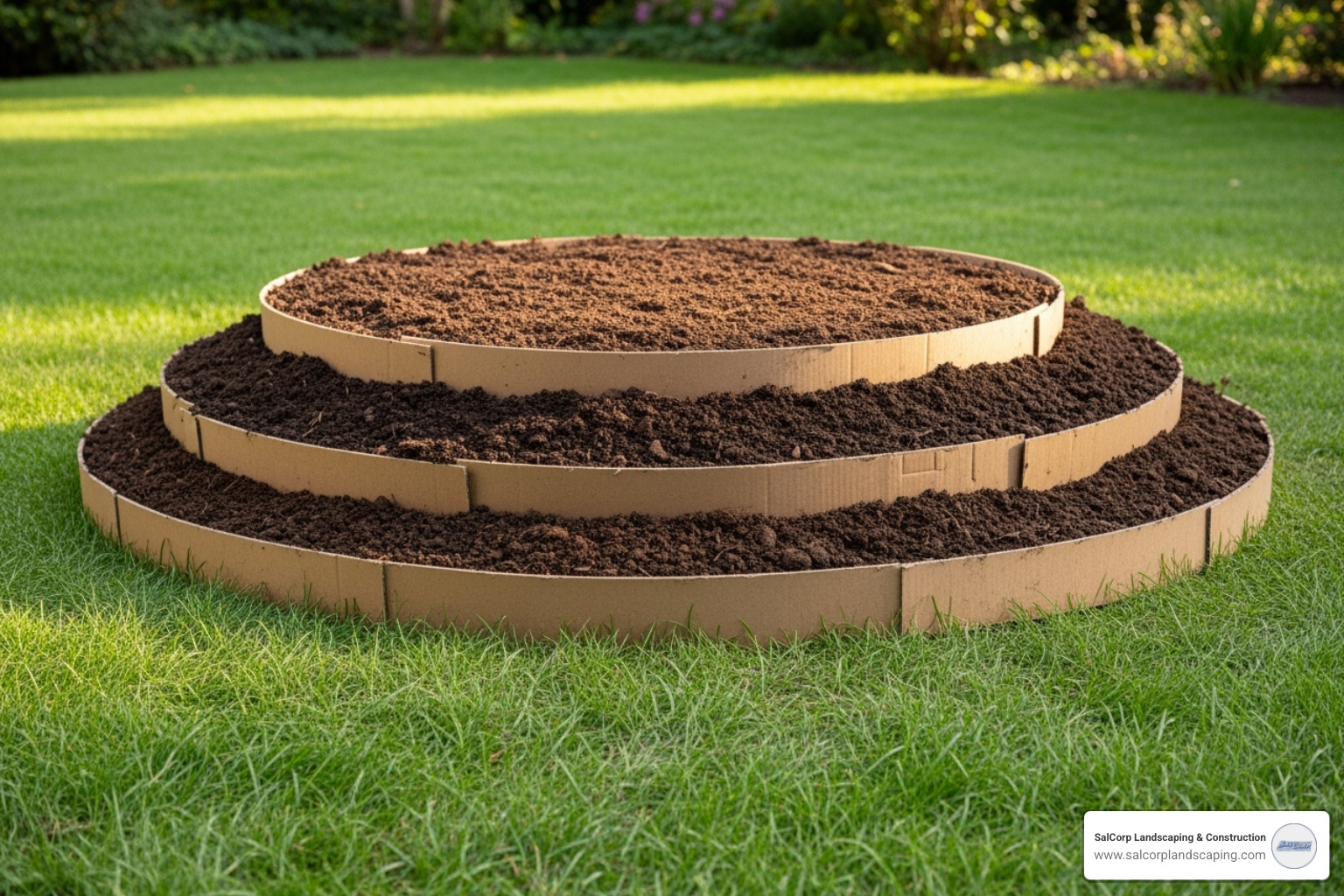 mounded flower bed built on top of lawn with cardboard and soil layers - flower bed installation