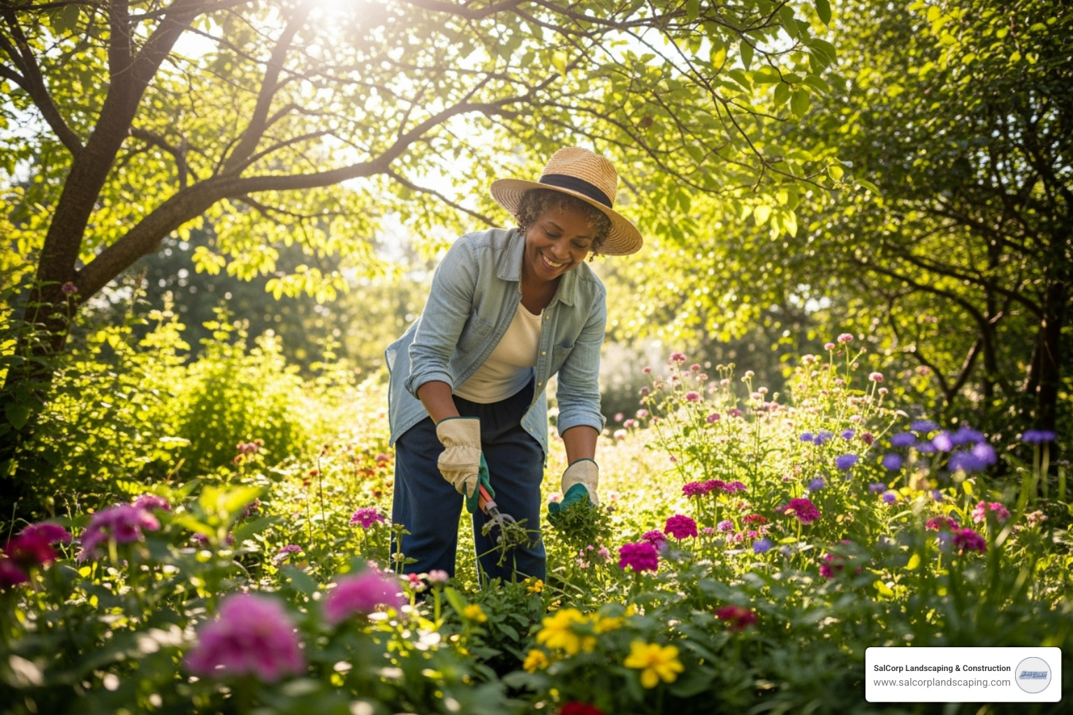 mature healthy flower bed with person weeding or deadheading flowers - flower bed installation