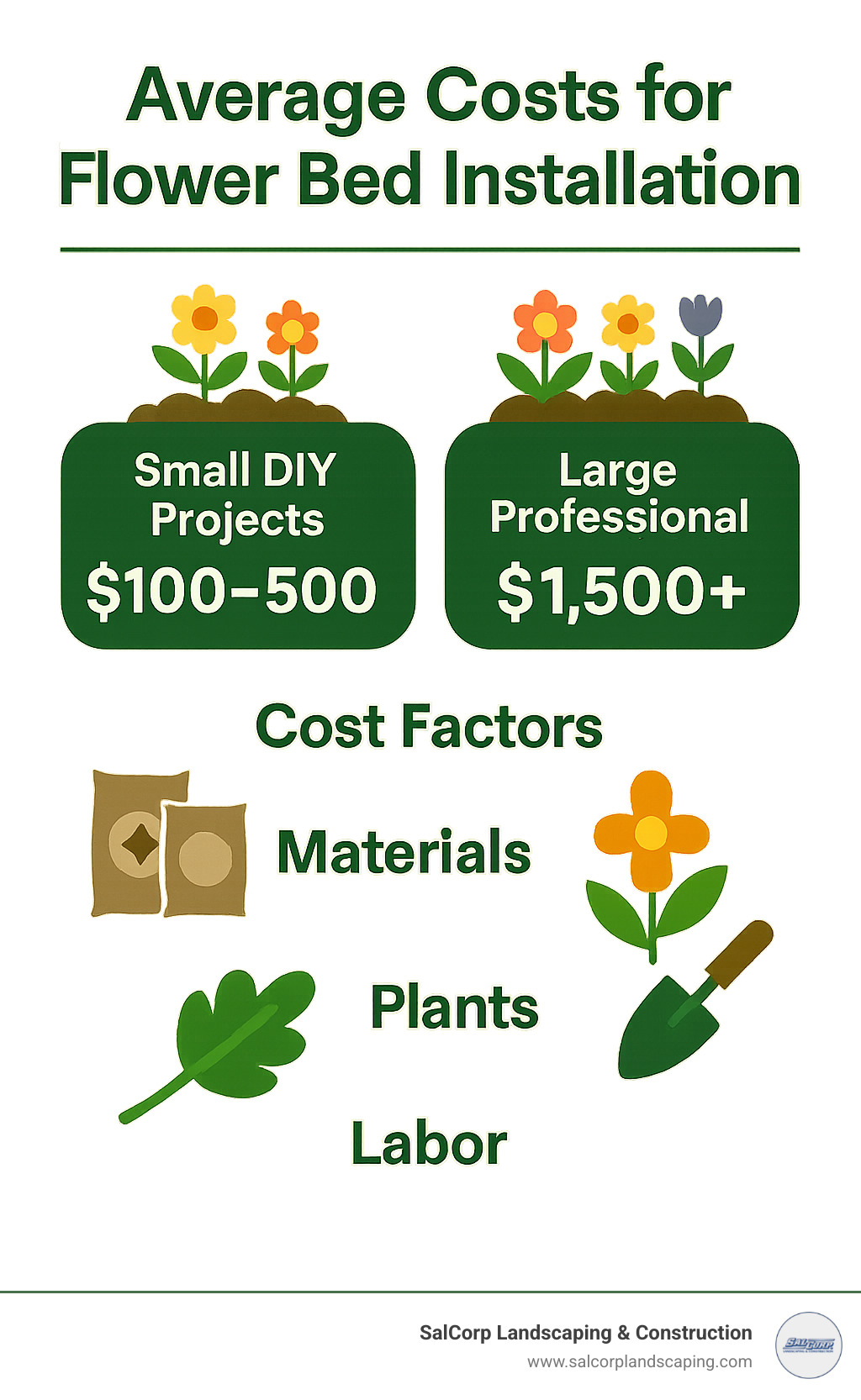Average costs for flower bed installation showing ranges from $100-500 for small DIY projects up to $1,500+ for large professional installations, with breakdown of cost factors including materials, plants, and labor - flower bed installation infographic 
