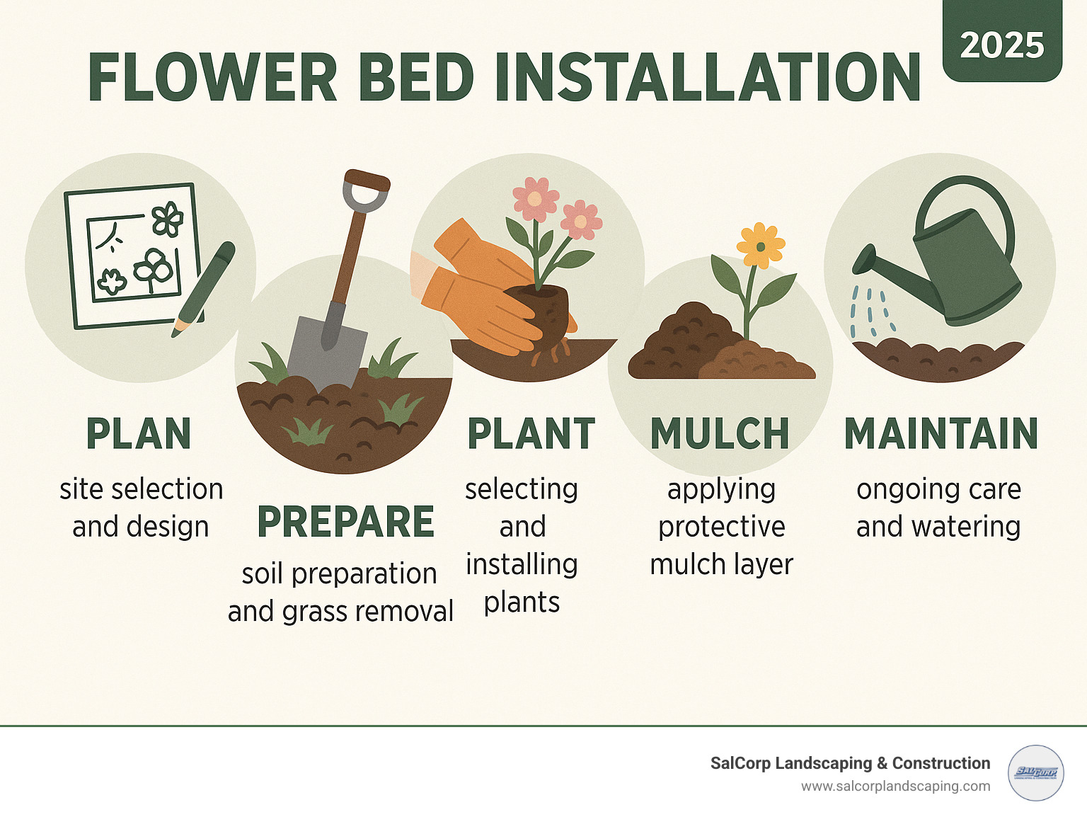 Step-by-step flower bed installation process showing the 5 main stages: Plan (site selection and design), Prepare (soil preparation and grass removal), Plant (selecting and installing plants), Mulch (applying protective mulch layer), and Maintain (ongoing care and watering) - flower bed installation infographic 