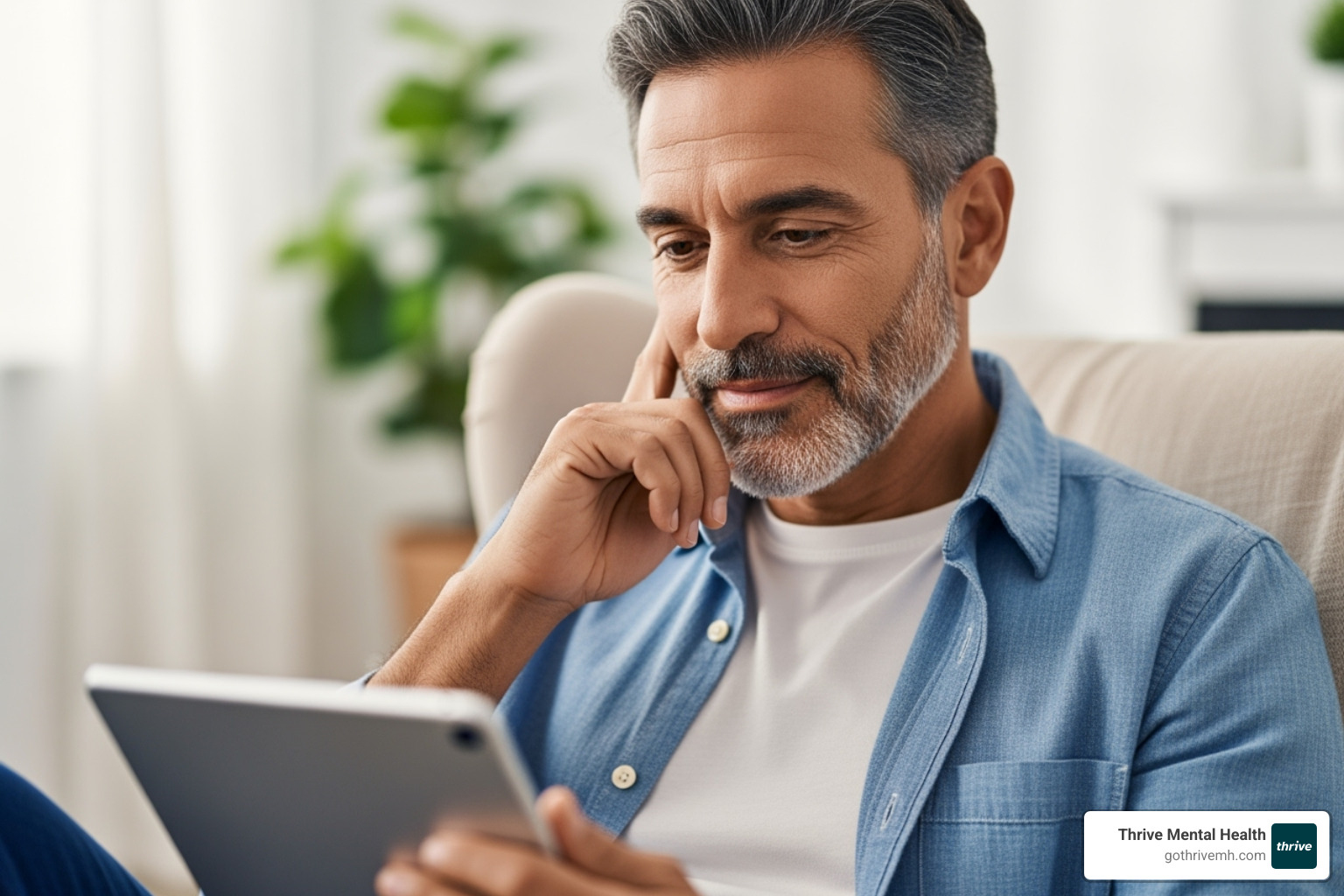 Person thoughtfully looking at screen as if making a choice - mental wellness online
