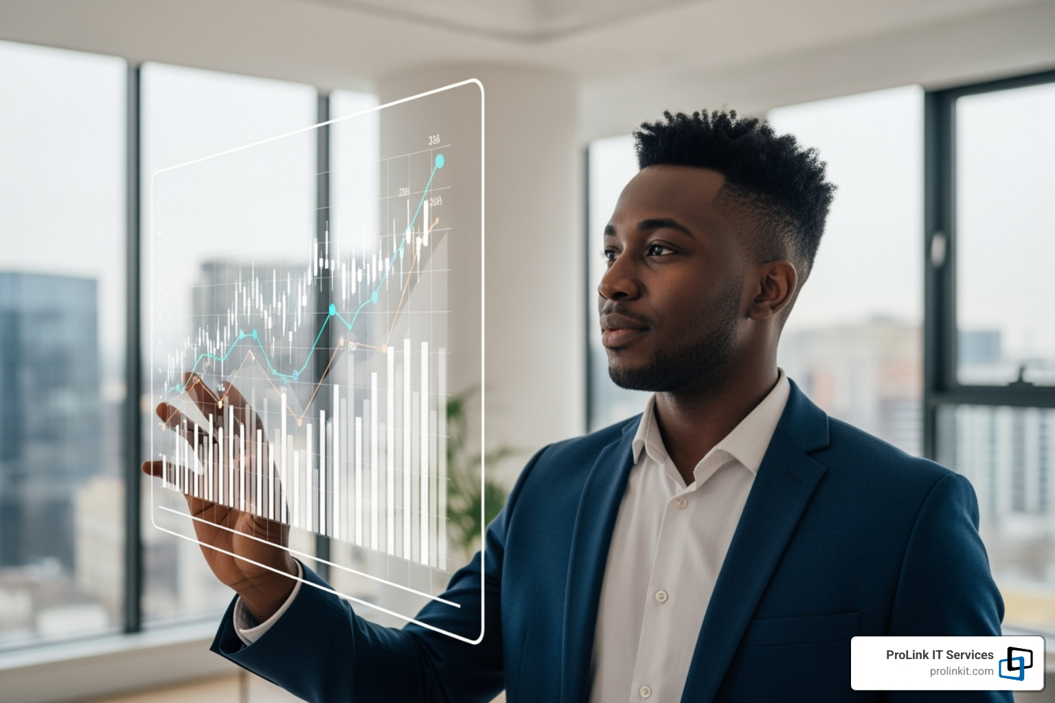 business owner focusing on growth charts while their IT is managed seamlessly - managed service provider services
