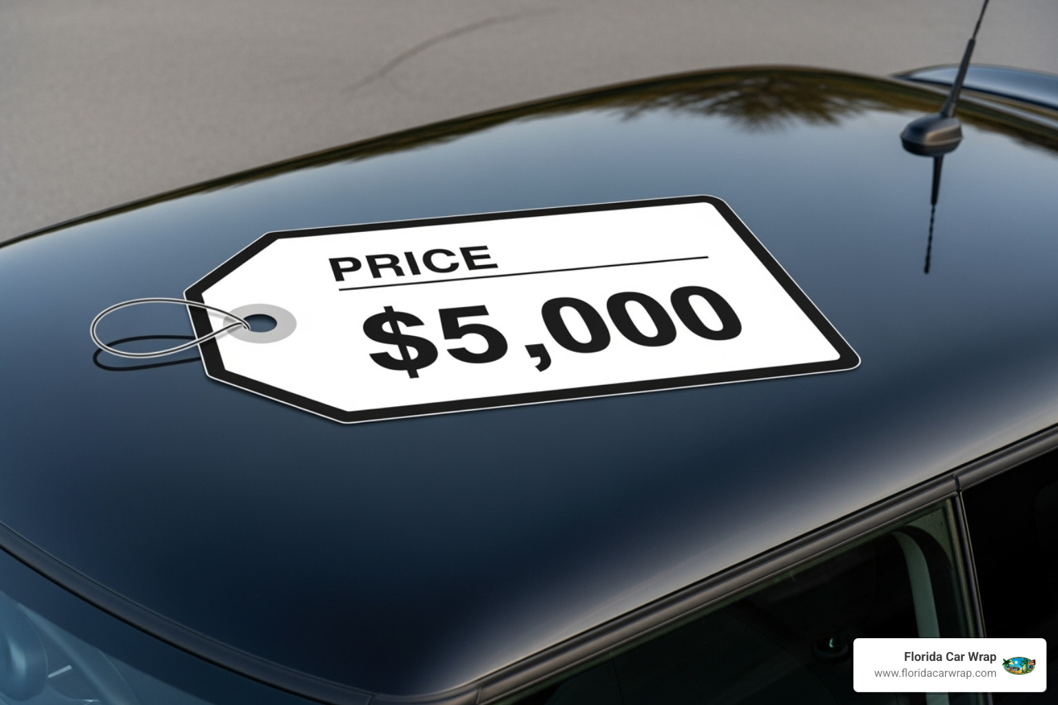 price tag graphic overlaid on a Mini Cooper roof - mini roof wrap near me