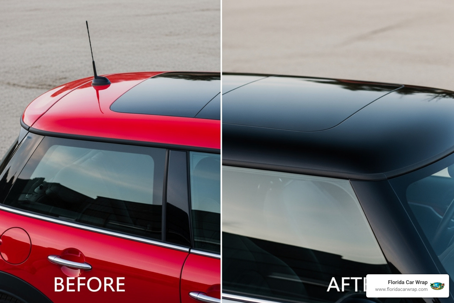 before and after Mini Cooper roof getting a gloss black wrap - mini roof wrap near me